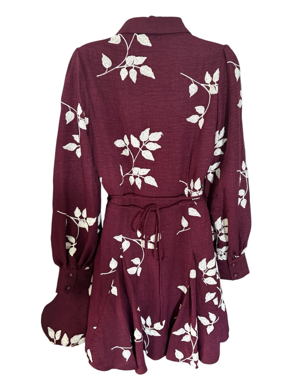Women’s Mini Shirt Dress in Burgundy with White Floral Print - Picture 4 of 10